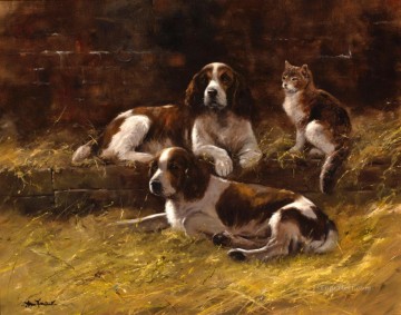 Animal Painting - Springer Spaniels y un cachorro de gato